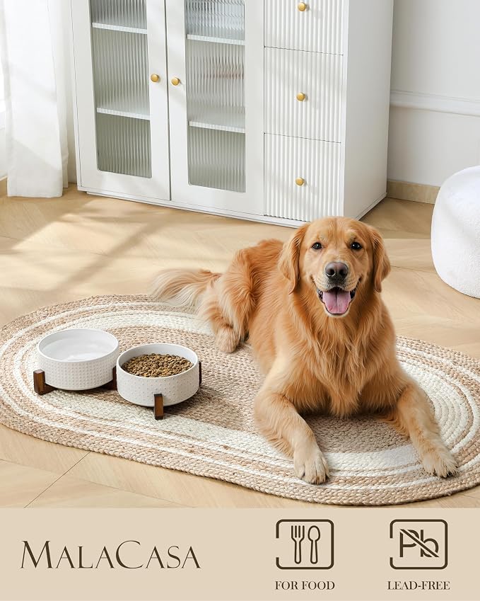 MALACASA Dog Bowl Set, Ceramic Bowls with Walnut Wood Stand, 6 Cups | Rhombic and polka dot design, non-slip base, for dogs, about 26% heavier than similar ceramic bowls