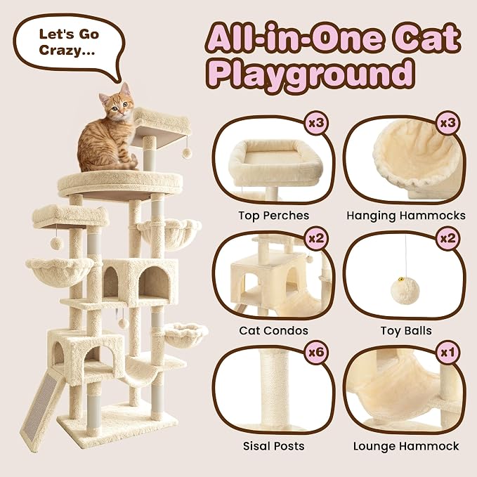 SHA CERLIN 82 inch Cat Tree Tower, Multi-Level Cat Condo with Plush Perches, Sisal Scratching Posts, Hammock and Toys, Stable Cat Tower for Kittens and Adult Cats, Beige