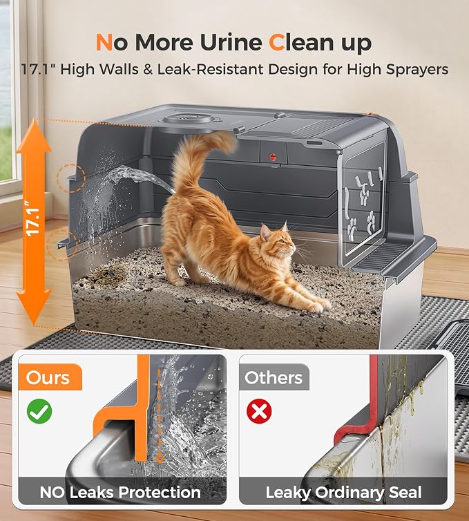 CATLIKE XXXL Stainless Steel Cat Litter Box - 3-Layer Urine Leak-Proof, Enclosed Design w/Charcoal Filter for Maine Coon & Multi-Cat Homes, Includes Metal Scoop & Extra Large Mat (2026 Upgrade)