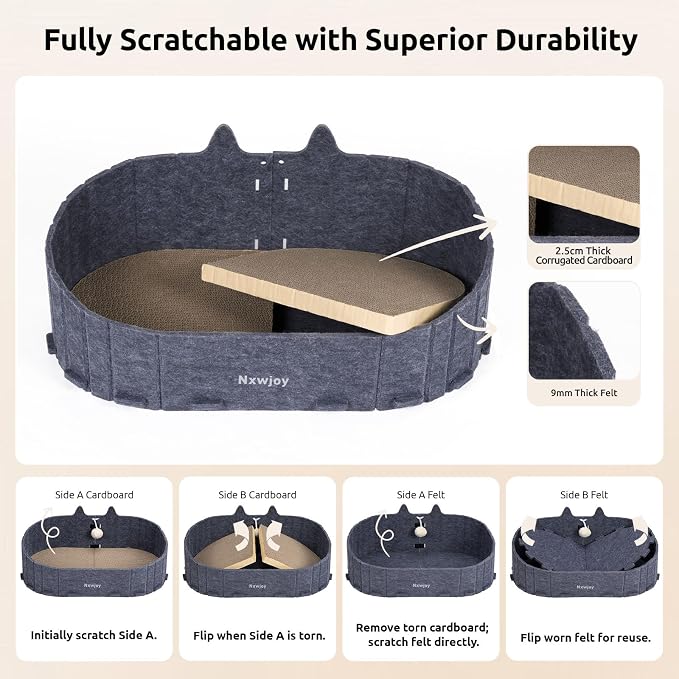 Cat Scratcher Bed for Indoor Cats 24.2 Inch Large Cardboard Cat Scratch Couch Felt Bed Cat Scratch Pad for Cat Scratching Post Board Scratchers Lounge House with Bell Ball Toys
