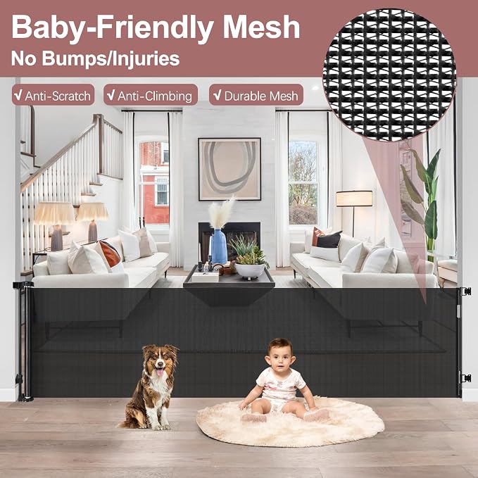 85" Wide Retractable Baby Gate for Stairs, Long Dog Gate, Indoor/Outdoor | Retractable Gate for Deck/Doorway, Easy One-Hand Operation Safety Lock, Scratch-Resistant Mesh Baby Gate, Easy Install, Black