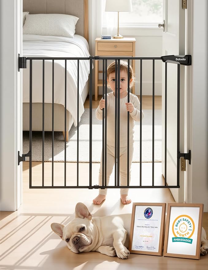 Babelio Baby Gate for Stairs, Kitchen & Doorways, No Bottom Bar| Easy Install| One-Handed Operation| Auto-Close| Hardware Mount Safety Dog Gate (Black, 28" H, 24-39" W-Compact) | Easy Install| One-handed Opening| Auto-close| Drill Needed Indoor Safety ...