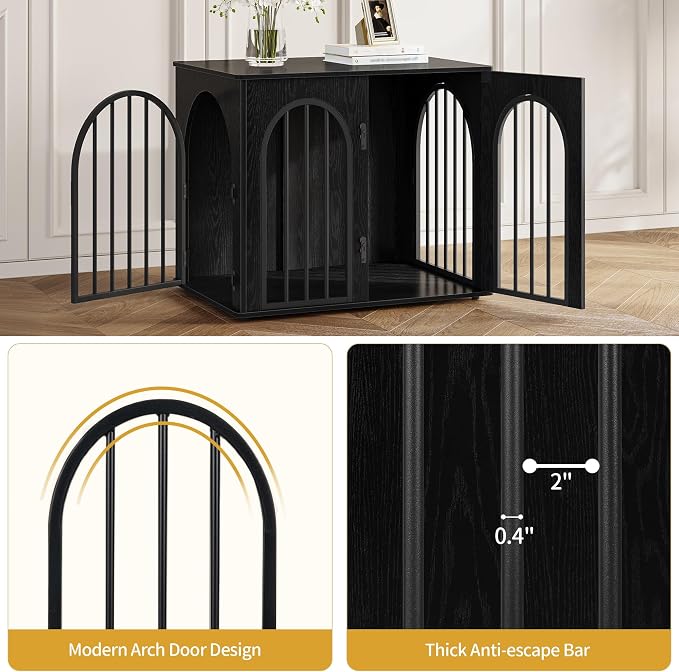 Hzuaneri 26.8'' Wooden Dog Crate Furniture, Indoor Dog Kennel Dogs Cage for Small Dogs, Heavy Duty Dog Crates Decorative Pet House End Side Table TV Stand, Black DFC85504B
