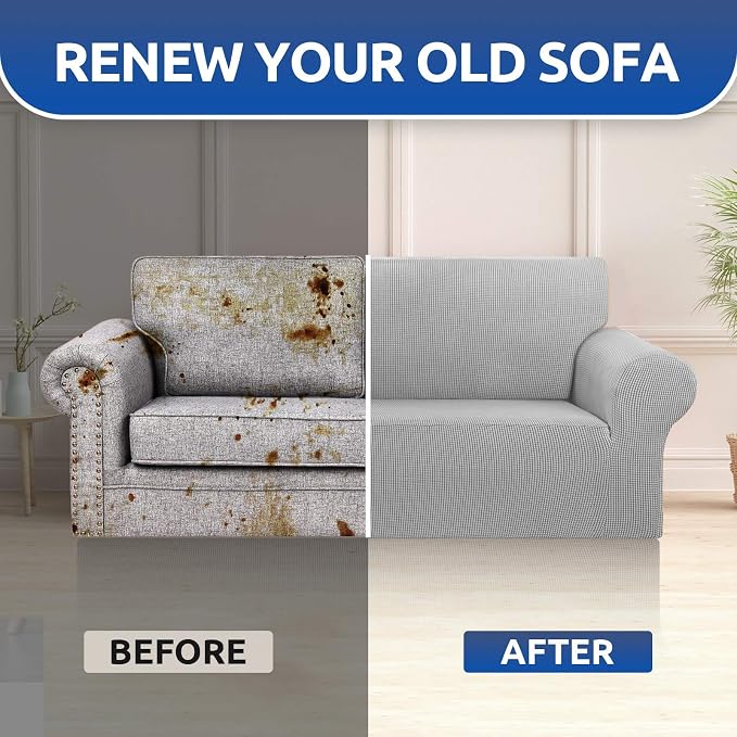 Stretch Loveseat Couch Cover, 2 Cushion Couch Slipcover,Silver | 1-Piece Washable Sofa Cover Pet Friendly (55"-78") Furniture Protector Soft Jacquard, Elastic Bottom for Dogs & Kids