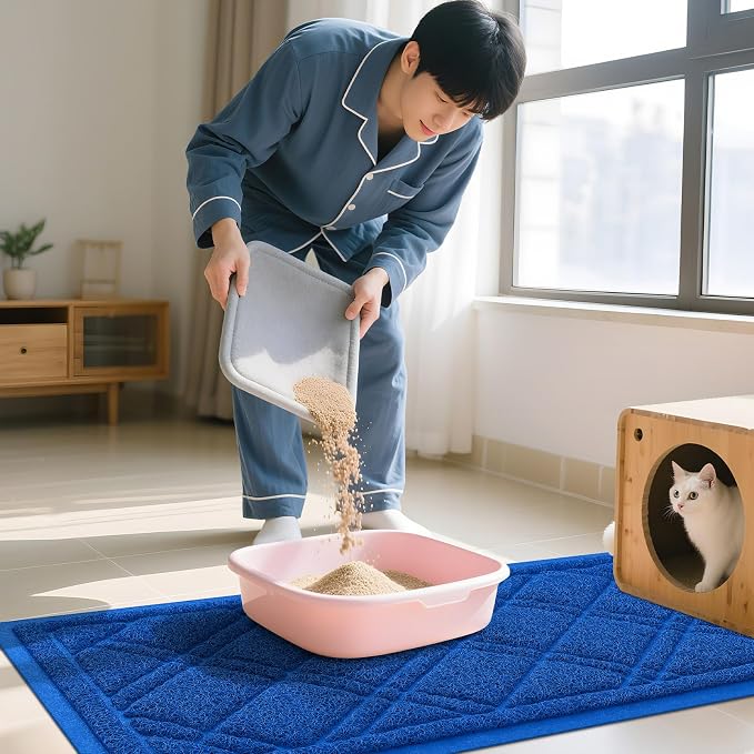 Smiry Cat Litter Box Mat 47x32, Non-Slip Water Resistant Litter Trapping Mat, Easy Clean Less Waste and Urine-Locking Cat Carpet for Indoor, Blue