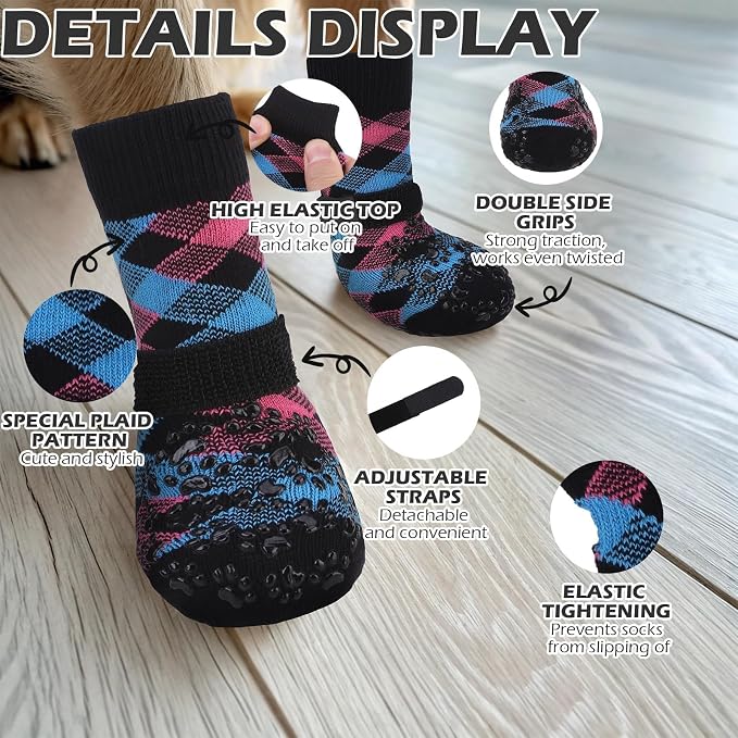 EXPAWLORER Dog Socks for Hot Pavement Summer to Prevent Licking Paws, Anti Slip Doggie Booties Grippy Shoes for Hardwood Floors, Boots & Paw Protectors for Small Medium Large Senior Dogs Pink Blue XS