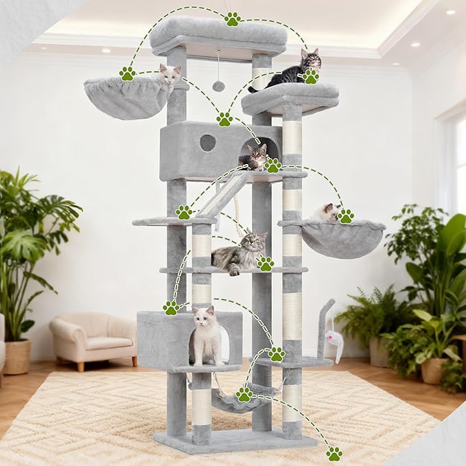 Gitelsnour Tall Cat Tree Tower for for Multiple Cats, Large Condo, GCT031W | 78.7"(200cm) Multi-level Scratching Post for Indoor Large Adult, 2 Condo, 4 Platforms, 3 Hammock, Sisal Rope, Toys Light Gray