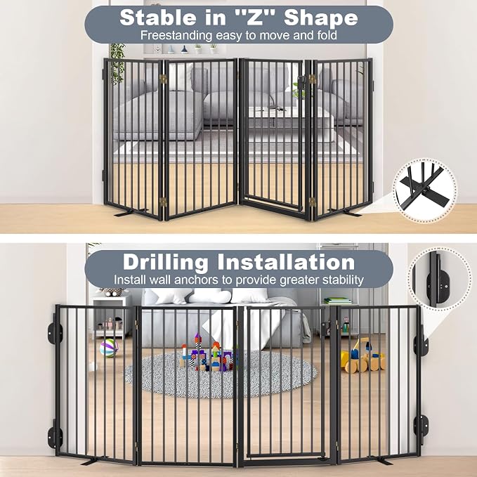 Metal Freestanding Dog Gates with Door for Outdoor Indoor,Extra Wide Tall Free Standing Dog Gate for Doorways,Large Openings,Deck,Yard,Porch,Foldable Safety Pet Fence (Black, 【2 Panels】 32''H*40''W)