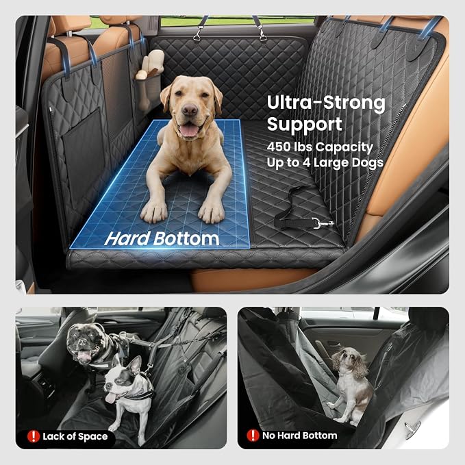 REEVAA Dog Car Seat Cover for Back Seat, Hard Bottom, L, Black | 450 lbs Extender, 45% More Space for 2-4 Large Dogs, Waterproof, Zippered Mesh Window, Fits for SUV Medium Truck