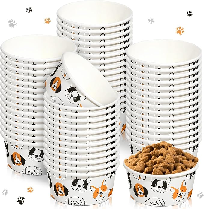 100 Pcs Disposable Dog Bowls 1.5 Cups Pets Disposable Feeding Bowls for Dogs and Cats Pets Paper Travel Cups for Small Medium Dogs Cats Puppy Kitten Dry or Wet Serving Food Water(Lovely)