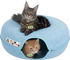 Peekaboo Cat Cave Donut for Multiple & Large Cats up to 30-45 lbs, 3-in-1 Self Warming Cat Bed, Tunnel & Scratcher for Indoor Cats, Washable & Detachable Small Dog Bed (Blue, Jumbo)