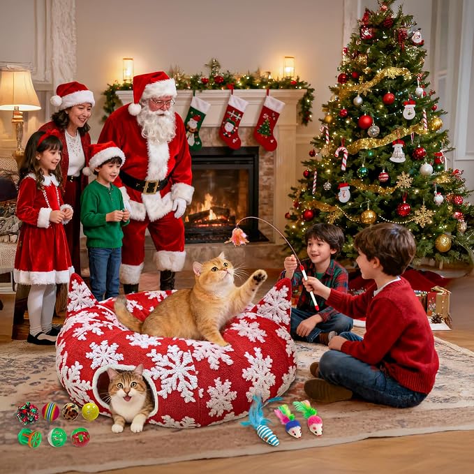 OurWarm Cat Tunnel Christmas Tree Skirt, Red Snowflake Cat Donut Tunnel Under Christmas Tree with Washable Mat & 11Pcs Cat Toys Interactive, Soft Plush Peekaboo Cave Bed for Indoor Cats Small Animals