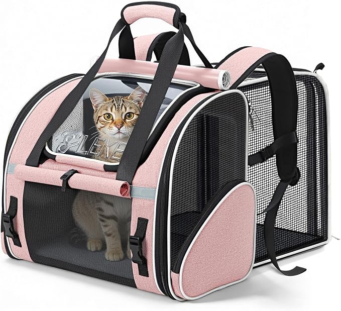 Lekereise Expandable Cat Backpack Carrier for Cats and Small Dogs up to 18 lbs, Widened Interior with 30% More Bottom Space, Rear Expansion up to 80% More Space, Breathable Mesh, Sun Shade, Pink