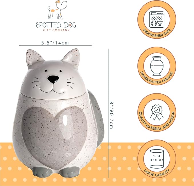 SPOTTED DOG GIFT COMPANY Ceramic Cookie Jar with Lid, Large Cat Treat Container for Cookies & Biscuits, Cute Novelty Kitchen Storage for Countertop, Gifts for Cat Lovers - 43oz White