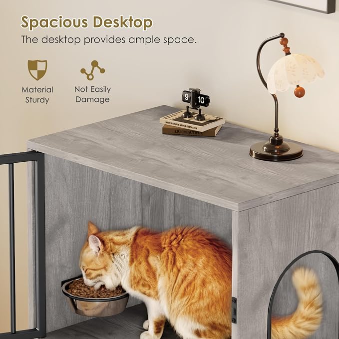 Dog Proof Cat Feeding Station, Dog Proof Cat Feeder, Cat Food Table | Cat Feeding Station with Scratching Post, Elevated Cat Food Bowls with Stand, Pet Food Storage Cabinet, Cat House, Gray