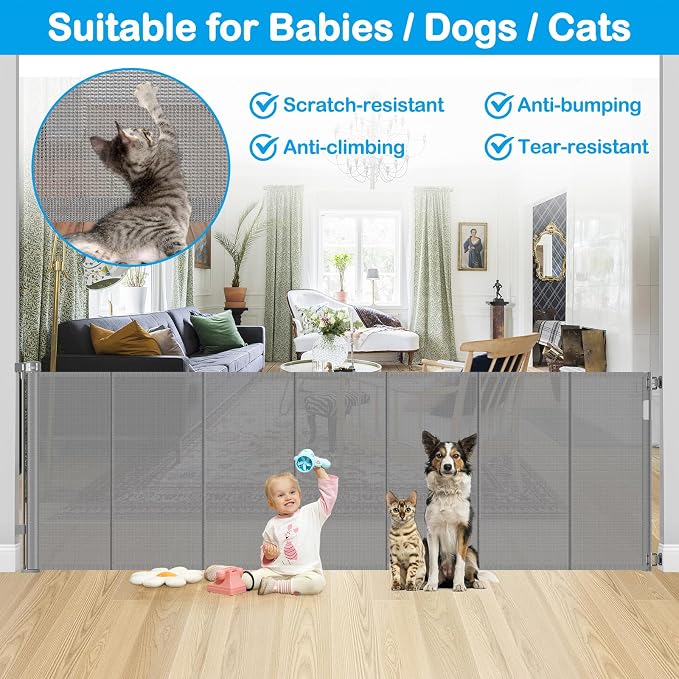 Reinforced 42" Extra Tall Retractable Baby Gate-Prevent Crawling Under, 200" Retractable Pet Gates for Wide Openings, 16ft Mesh Child Gates for Wide Openings, No Bottom Bar Indoor/Outdoor Baby gate