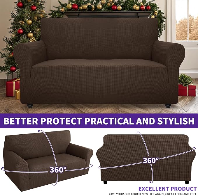 ZNSAYOTX Super Stretch Couch Cover Love Seat Sofa Covers for Living Room Dogs Pet Friendly Furniture Protector Spandex Loveseat Slipcovers with Anti Slip Foam Sticks (Coffee, Loveseat)