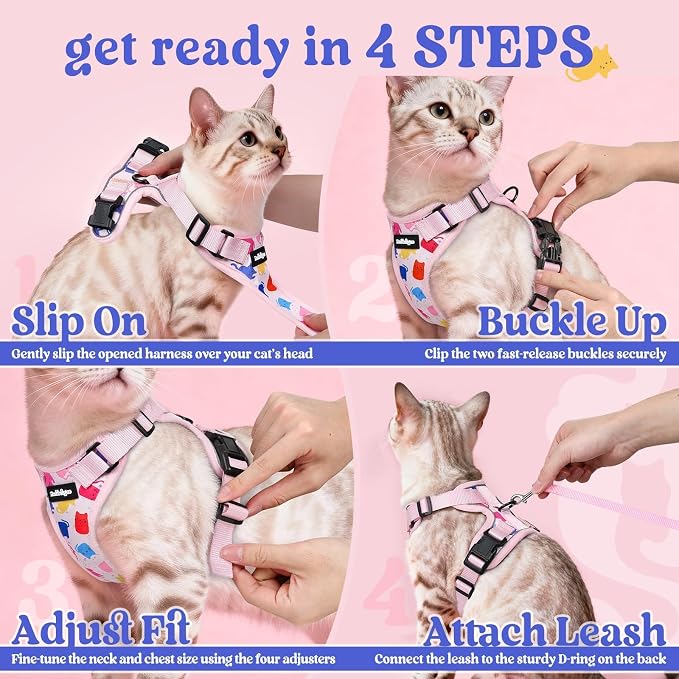 rabbitgoo Cat Harness and Leash Set, Escape Proof Vest, Purrty Pink | Soft Breathable Mesh, Easy Adjustable Fit, Snap Buckles, Sturdy Clip, Reflective Strips, for Medium to Large Cats Walks, M