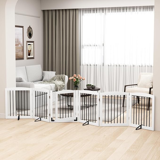 PUPETPO Freestanding Pet Gates with Walk Through Door, Dog Indoor Fence, Dog Gate for The House, Stairs, Extra Wide Pet Gate, Support Feet Included, 120 Inch Wide, 6 Panels 24" Tall, White & Black