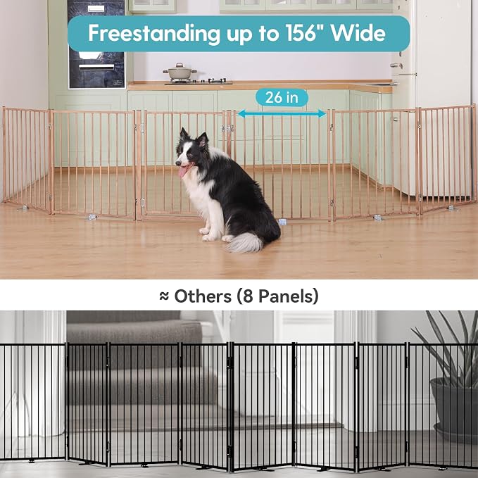 No Pawblems Full Metal Freestanding Dog Gate with Door, 30" Tall | Foldable Pet & Dog Fence for Stairs/Deck/Doorways, Indoor/Outdoor, Freestanding & Wall Mount, 156" Wide, 6 Panels, Brown