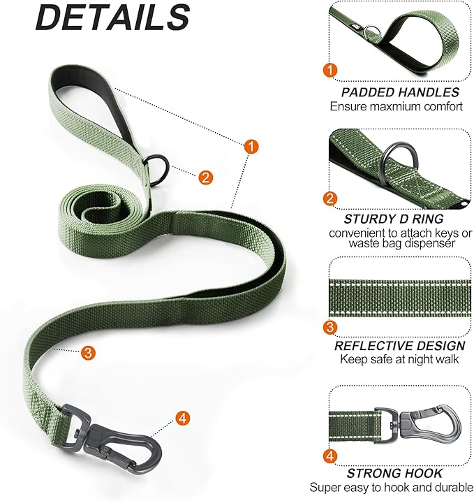 Twoear 6FT 1IN Heavy Duty Dog Leash for Large Dogs with 2 Padded Handles | Traffic Handle Extra Control, Auto Lock Hook, Strong Reflective Walking Leash for Night Safety, Medium and Large Breeds,Green