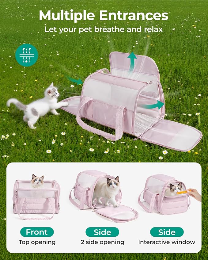 BAGSMART Cat Carrier: Soft-Sided Pet Carrier for Small Medium Cats Dogs Puppy Quilted Collapsible Puffy Travel Bag Up to 20 Lbs Pink