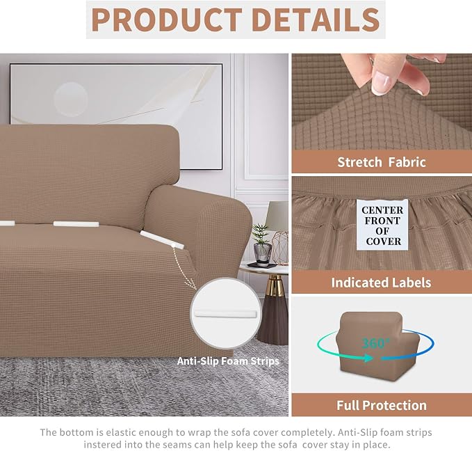 Easy-Going 100% Waterproof Chair Couch Cover, Stretch Jacquard Sofa Cover | Dual Waterproof Sofa Slipcover, Leakproof Furniture Protector for Kids, Pets, Dog and Cat (Chair, Camel)