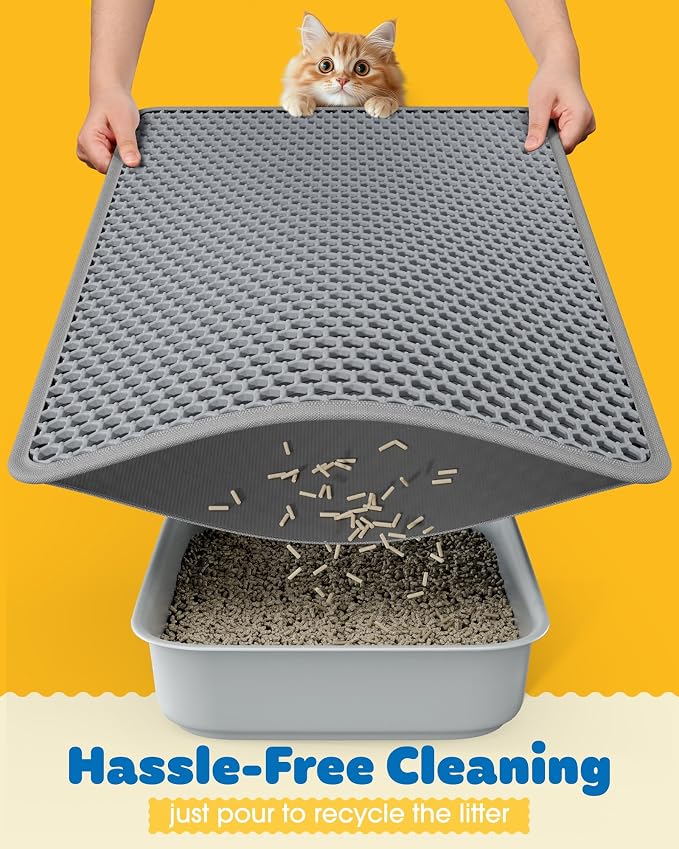 Powools Ultra-Large Cat Litter Mat, 27'' x 19", Double-Layer, Grey | Urine-Proof, Non-Slip Litter Trapping Mat, Easy to Clean, Kitty Litter Mats for Floor, Scatter Control