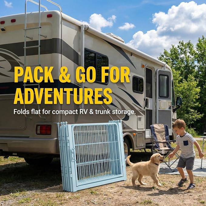 32 Inch Blue Dog Playpen, 8-Panel Metal Pet Exercise Pen with Door, Foldable Indoor Outdoor Dog Fence for Medium Dogs (Blue, 32inch)