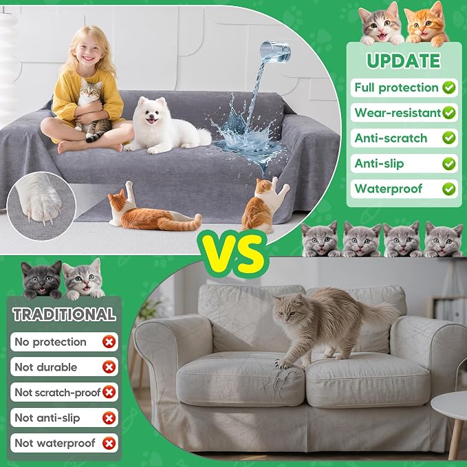 Loiion Cat Scratch Proof Furniture Protector Waterproof Sofa Cover 150"x91" | Pet-Friendly Couch Protector, Anti-Scratch & Anti-Slip Sofa Cover For Cats Dogs Kids, Machine Washable