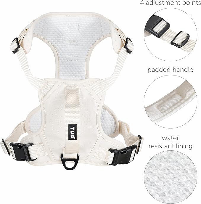 TUG No-Pull Dog Harness, 2 Leash Clips + Padded Handle (Medium, Cream) | Water-Resistant Padded Interior | Front No-Pull & Rear Clips | Padded Back Handle | Adjustable Straps | Lightweight