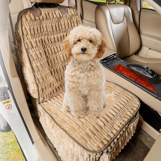 Dog Car Seat Cover Front Seat, Soft Plush Waterproof Protector,Tan | Non-Slip Backing, Side Flaps, Full Coverage, Hair, Dirt & Scratch Defense, Machine Washable, Fits Cars, SUVs & Trucks