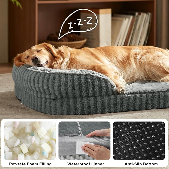 MIXJOY Orthopedic Dog Beds Large Sized Dog,Extra Large Washable Dog Bed Waterproof Oval Dogs Bed with Removable Cover,Egg-Crate Foam Big Pet Bed Couch with Bolster,Non-Slip Bottom,XL 42"X32",Grey