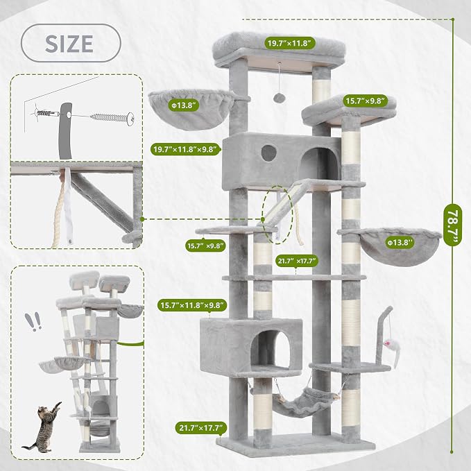 Gitelsnour Tall Cat Tree Tower for for Multiple Cats, Large Condo, GCT031W | 78.7"(200cm) Multi-level Scratching Post for Indoor Large Adult, 2 Condo, 4 Platforms, 3 Hammock, Sisal Rope, Toys Light Gray