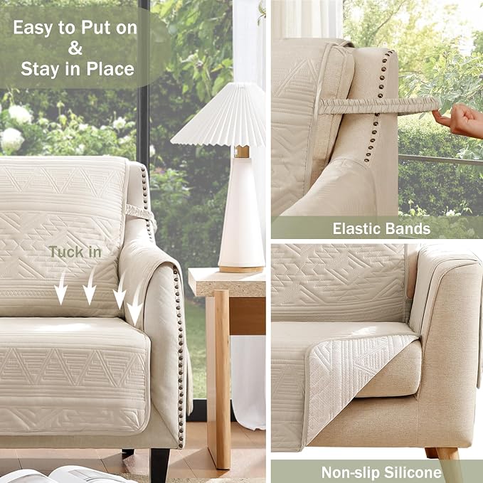 Boho Beige Quilted Recliner Covers, Water-Repellent Recliner Slipcovers, Lazy Boy Chair Covers, Pet Friendly Recliner Cover for Dogs Cats, Washable Furniture Protector (Recliner 22", Beige)