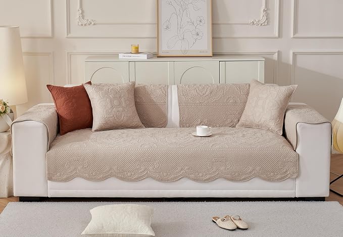 Luxury Vintage Cotton Embroidery Sofa Cover Soft Farmhouse Seat Cushion Cover Floral Quilted Sectional Couch Cover Anti-Slip Sofa Slipcovers Furniture Protector for Dogs Cats (Khaki,36"x94")