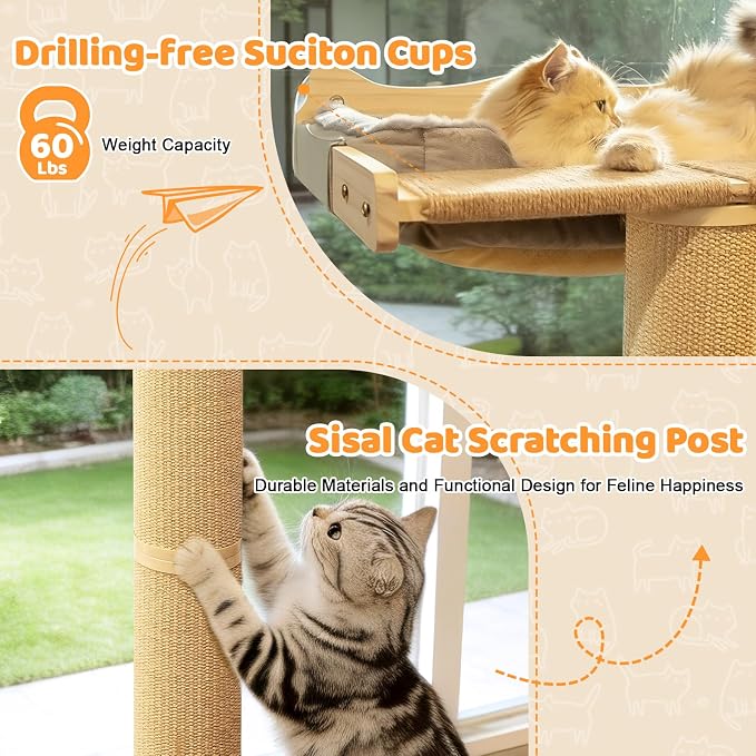 54" Tall Cat Scratching Post with Window Perch | Gray Fluffy Cushion, 3-Piece Thickened sisal Roman Columns, Drill-Free Suction Cup, Elevated Privacy Hammock, 60 LBS Capacity