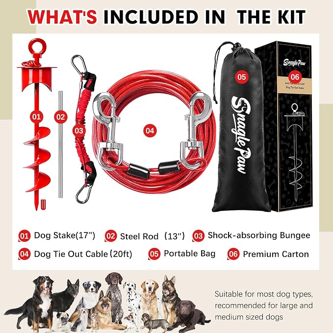 Snagle Paw Dog Tie Out Cable and Stake with Lock-Cap,Heavy Duty 20FT Dog Yard Leash & Stake with Shock Absorbing Bungee Tether,Rust Proof Ground Anchor for Yard, Beach, Camping & Outdoor,up to 360 Lbs