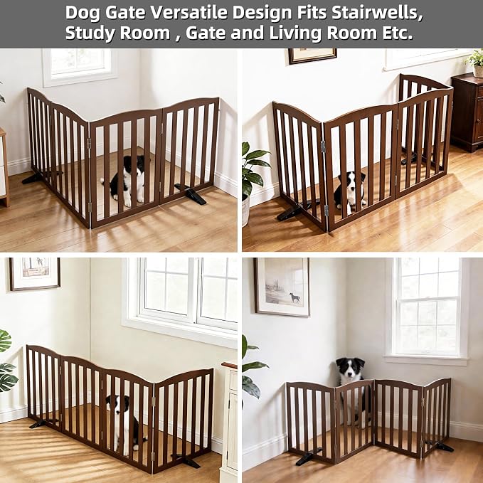 ZJSF Foldable Freestanding Indoor Dog Gate for House Wood Long Pet Gates Dog Fence for Stairs Puppy Gates for Hallways, Puppy Gate,Support Feet Included, Brown, 24 "Height-4 Panels