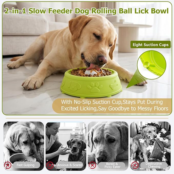 Dog Slow Feeder Lick Bowl with Rolling Ball for Liquid Treats,2-in-1(Green) | Anti-Slip Silicone Dog Licking Bowl for Bone Broth with Suction Cup, Enrichment Lick Sphere Toy for Large Medium Dogs Cats