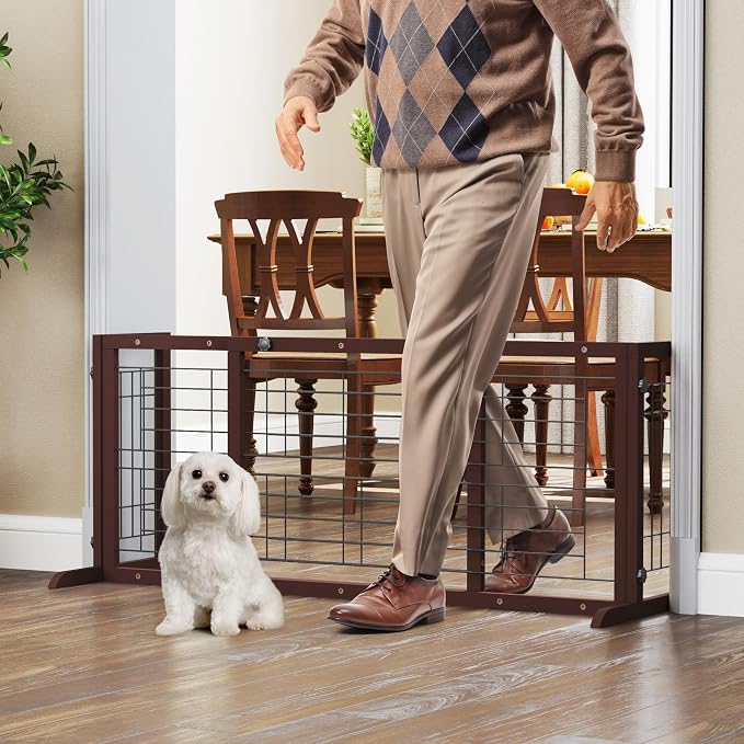 Coziwow 38-67" Dog Gate Indoor, Free Standing Pet Gate for Doorways Extra Wide, Wooden Fence Puppy Safety Gates for The House, Stairs, Hallway, No Drilling Required,Brown