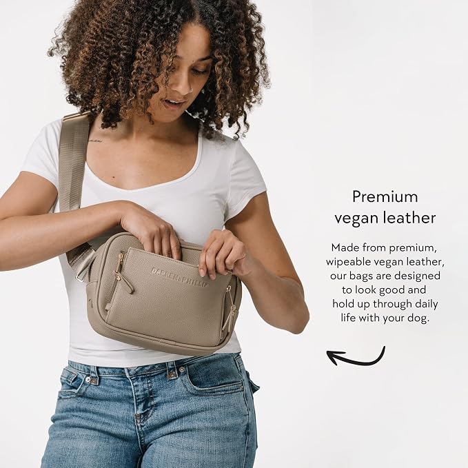 Darren & Phillip Crossbody Dog Walking Bag or Fanny Pack with Built-In Dog Poop Bag Holder, Removable Dog Treat Pouch & Adjustable Strap – Stylish Dog Mom Gift for Walks & Everyday Use - Pebble
