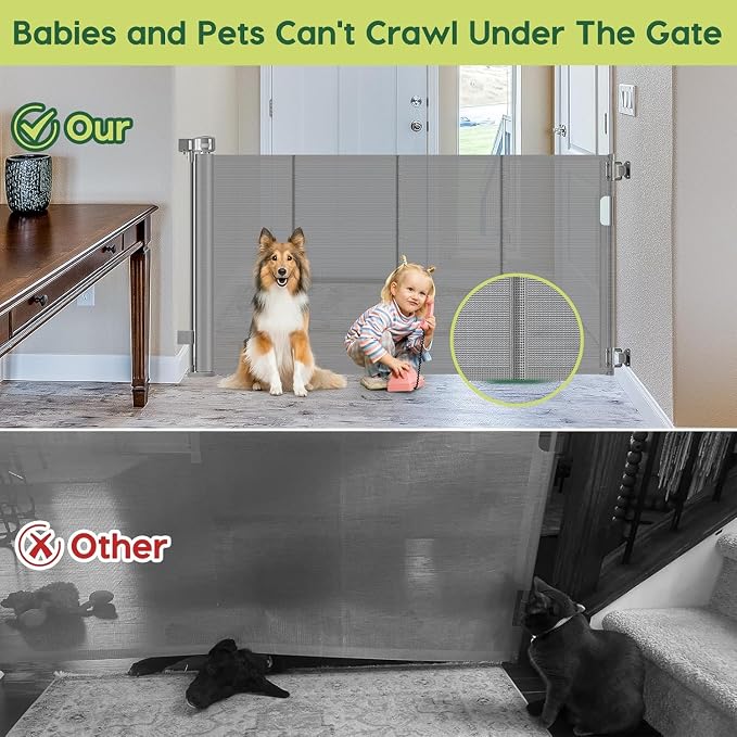 2 Pack Reinforced 55" Wide Retractable Dog Gate with Support Rods, 33" Tall Retractable Baby Gate for Dogs, No Sag and Wrinkle Mesh Child Gates for Doorways, Indoor Pet Barrier Stair Gates for Kids