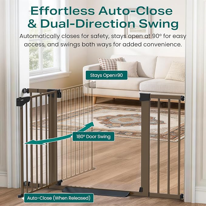 Cumbor 30-46" Baby Gate for Stairs, Mom's Choice Awards Winner-Auto Close Dog Gate for the House, Easy Install Pressure Mounted Pet Gates for Doorways, Easy Walk Thru Wide Safety Gate for Dog, Brown
