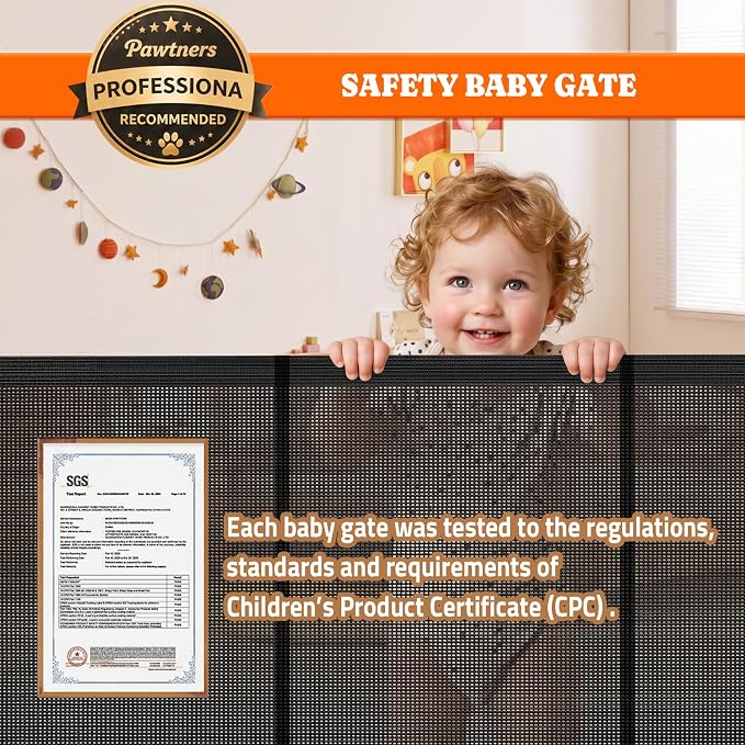 Pawtners Retractable Baby Gates, 34" Tall Extends to 120" Wide Dog Gate | 6 FT Gate with Reinforced 8 Supporting Rods to Prevent Crawling for Stairs Hallways Indoor Outdoor Open Spaces