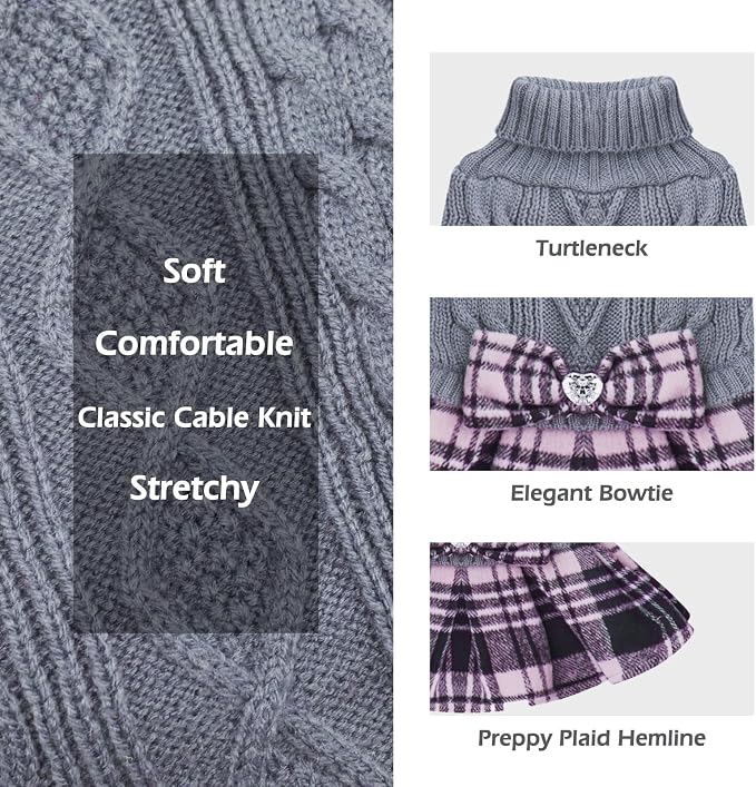 KYEESE Dog Sweater Dress Turtleneck Thick Knit Pullover for Cold Weather | Stretchy Fit, Lightweight & Warm, Cozy Knit Comfort, Cute Bow Accent, Gentle on Sensitive Skin, Comfortable Daily Wear