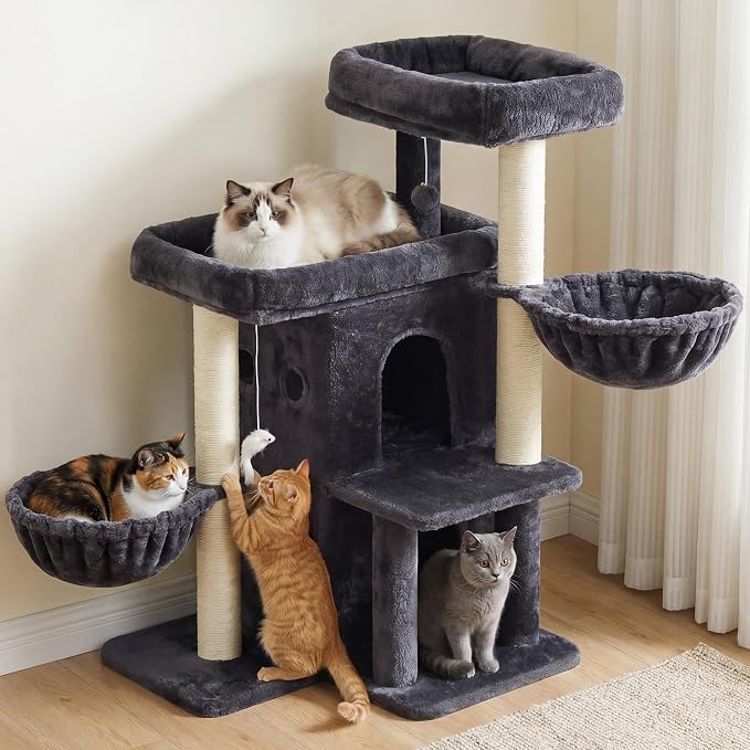 Heybly Cat Tree with Reinforced Big Base, 41.3 in Sturdy Cat Tower HCT075G | Indoor Cat Furniture Featuring 2 Roomy Platforms, Double Condos, 2 Cozy Baskets, Full Sisal Scratching Posts, Smoky Gray