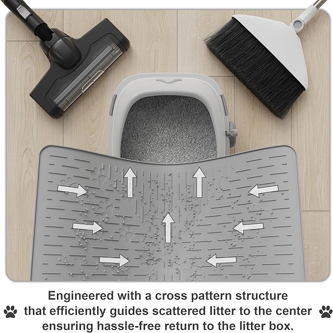 Cat Litter Mat, 23.5x16 Silicone Trapping Mat Grey | for Kitty Litter Box, Easy Clean, BPA Free Rubber, Center Litter Collection, Easy Pour-Back, Waterproof, Odor-Resistant