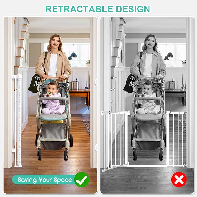 EZIGO 71 Inch Retractable Baby Gates, 41 Inch Extra Tall Retractable Gate | One-Hand Operation Retractable Dog Gate, 5.9FT Mesh Safety Pet Gate for Stairs, Deck, Porch, Doorways Indoor Outdoor, White