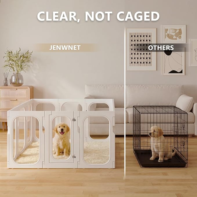 Acrylic Clear Dog Playpen Indoor with Door, 26'' H Transparent Dog Play Pen for Small Dogs, No-Connector Modular Puppy Playpen with Integrated Suction Cups Base, 8 Panels, White